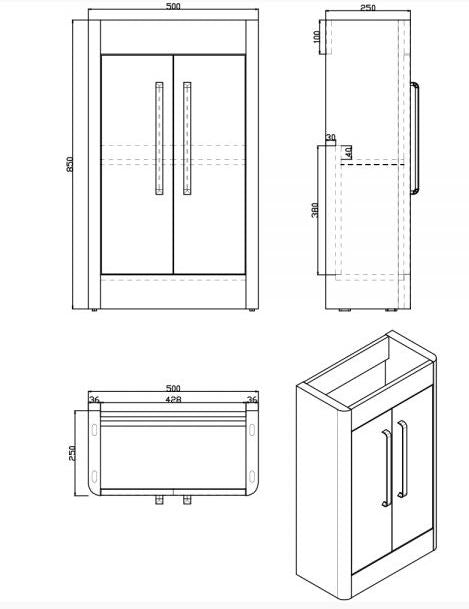 Essentials Suburb 500mm x 250mm Double Door Floor Standing Basin Unit In White Gloss
