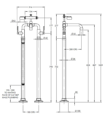 Lefroy Brooks Ten Ten Bath Shower Mixer With Levers On Standpipes - Chrome