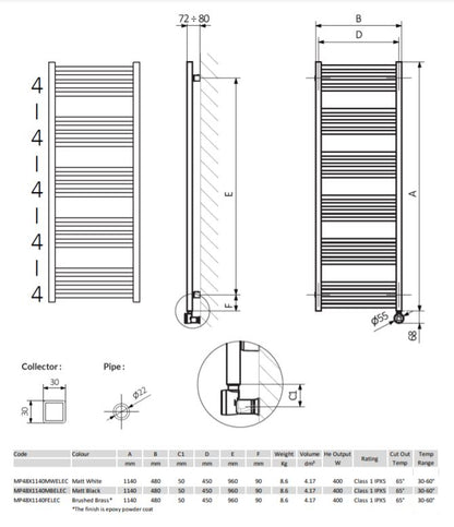 MPRO 480 x 1140mm Electric Towel Rail Matt White