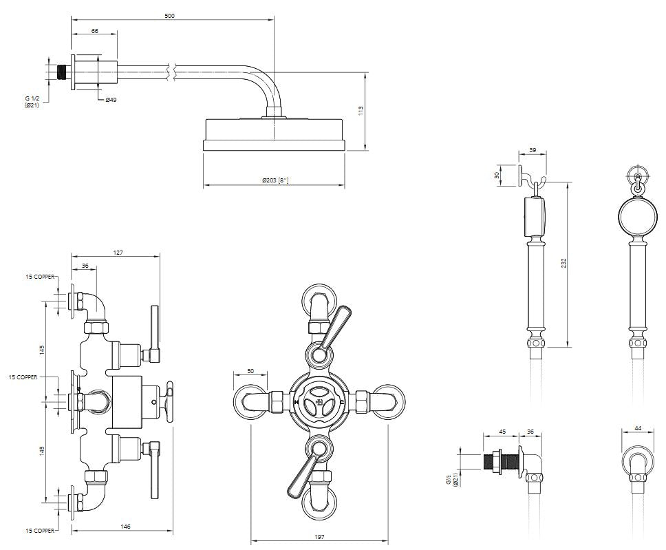 Lefroy Brooks Ten Ten Exposed Thermostatic Shower Valve With 8" Rose & Hand Shower Chrome