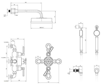 Lefroy Brooks Ten Ten Exposed Thermostatic Shower Valve With 8" Rose & Hand Shower Antique Gold