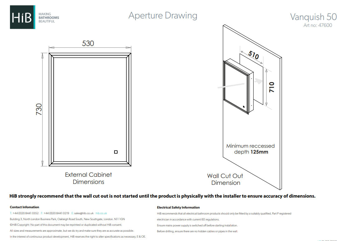 HIB Vanquish 50 Recessed Cabinet 530x730mm, LED, USB Sockets