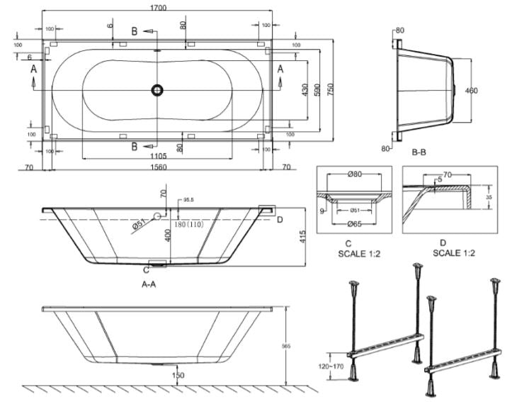 Crosswater VERGE Double Ended Bath 1700 x 750mm