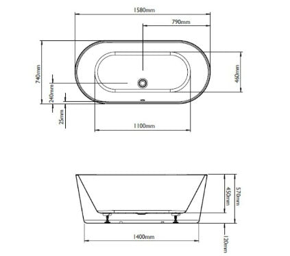 BC Designs Viado 1580 x 740mm Free Standing Bath Double Ended White Gloss