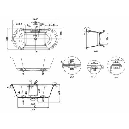 Arcade Bathrooms Vigo Natural Stone Roll Top Bath 1690x800mm