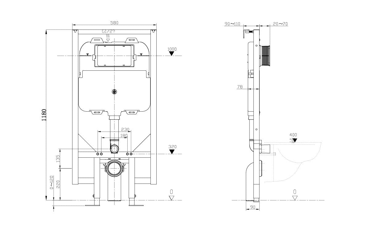 1.14m Height Ultra Slim Wall Hung Toilet Support Frame