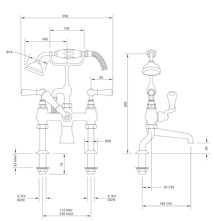 Lefroy Brooks Classic White Lever Deck Mounted Bath Shower Mixer With Hose & Handset (choose finish)