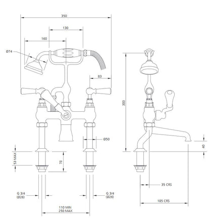 Lefroy Brooks Classic White Lever Deck Mounted Bath Shower Mixer With Hose & Handset (choose finish)