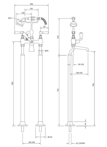 Lefroy Brooks Classic Bath Tap & Adjustable Standpipe Sleeves For Rim Mounting - S/Nickel