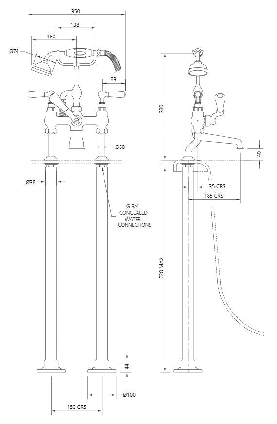Lefroy Brooks Classic Bath Tap & Adjustable Standpipe Sleeves For Rim Mounting - Chrome
