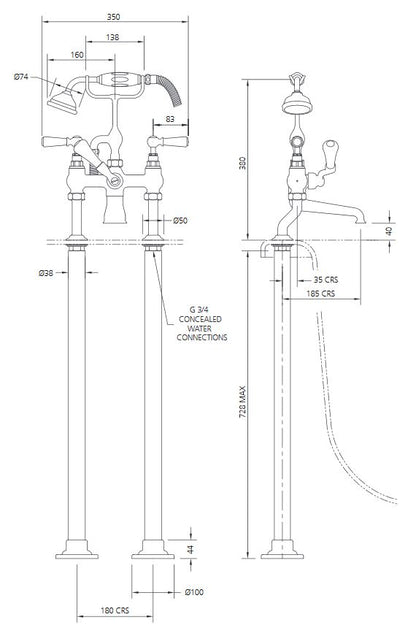Lefroy Brooks Classic Bath Tap & Adjustable Standpipe Sleeves For Rim Mounting - Chrome