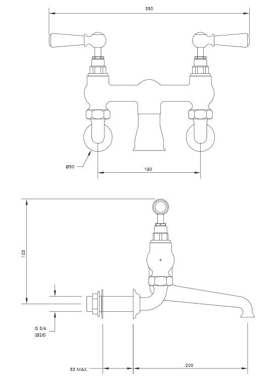 Lefroy Brooks Classic White Lever Wall Mounted Bath Filler - Chrome