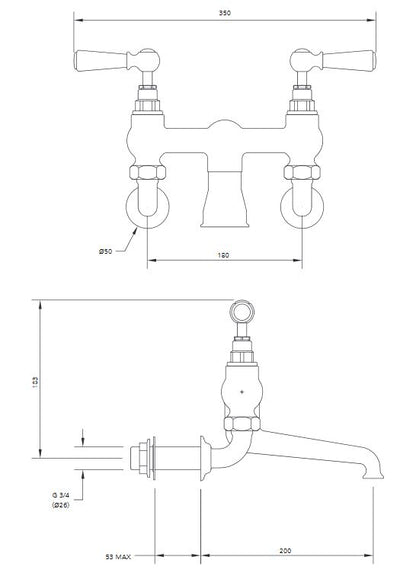 Lefroy Brooks Classic White Lever Wall Mounted Bath Filler - Chrome