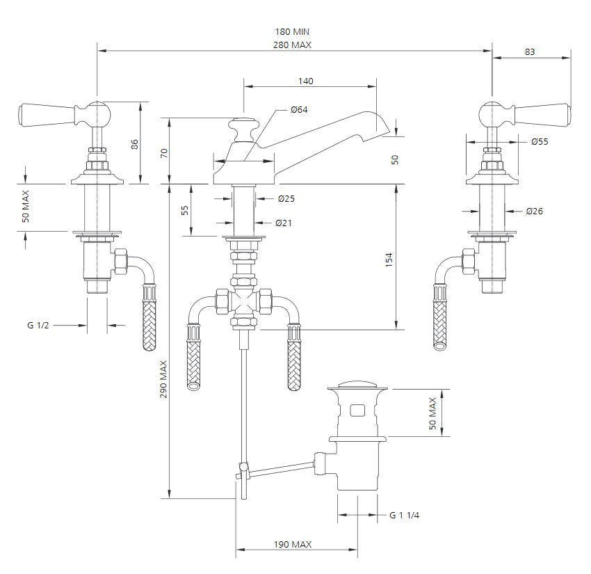 Lefroy Brooks Classic Lever 3 Hole Mixer w/ Pop up Waste