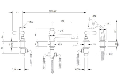 Lefroy Brooks Classic White Lever 4 Hole Bath Shower Set (choose finish)