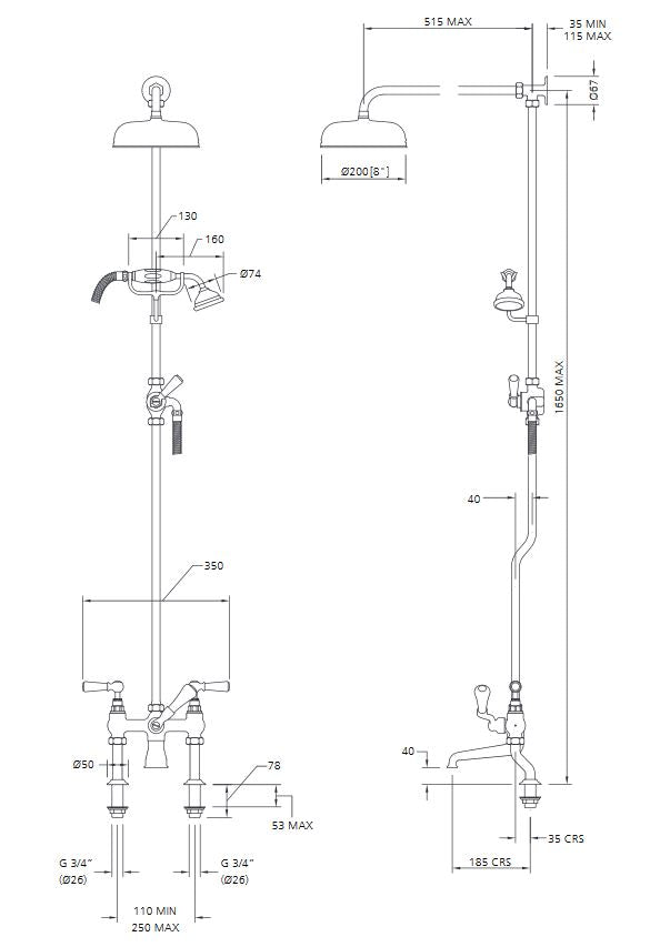 Lefroy Brooks Classic White Lever Exposed Bath Shower Mixer & 200mm Shower Rose (choose finish)