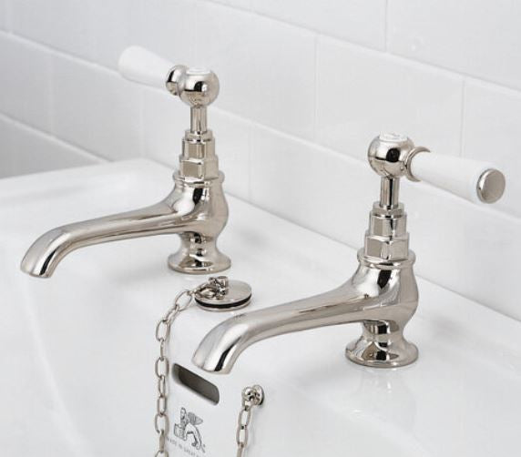 Lefroy Brooks Classic White Lever Long Nose Basin Pillar Taps (choose finish)