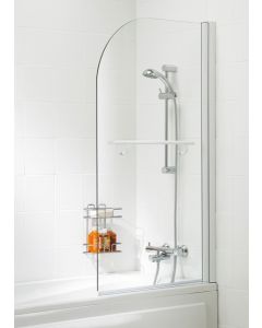 Lakes Curved Hinged Bath Screen With Towel Rail 1400 x 800mm Silver Frame Clear Glass