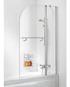 Lakes Curved Twin Panel Hinged Bath Screen With Towel Bar 1400 x 1000mm Silver Frame Clear Glass