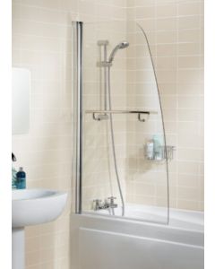 Lakes Sculpted Hinged Bath Screen With Towel Rail 1400 x 860mm Silver Frame Clear Glass