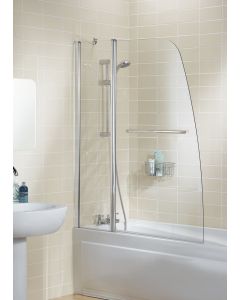 Lakes Sculpted Double Panel Hinged Bath Screen With Towel Rail 1400 x 1200mm Silver Frame Clear Glass