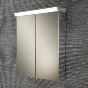 HIB Flare 700 x 600mm Double door cabinet with LED top illumination, soft close, internal shaver socket, adjustable shelves and Mirrored sides 