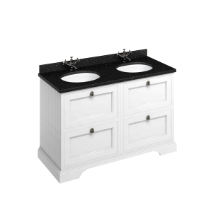 Burlington Freestanding 130 Vanity Unit With Drawer and Minerva Black Granite Worktop With Two Integrated White Basins