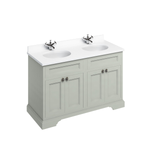 Burlington Freestanding 130 Vanity Unit With Doors - Dark Olive And Minerva White Worktop With Two Integrated White Basins