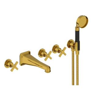 Lefroy Brooks Janey Mac Cross Handle Wall Mounted Bath Filler With Hand Shower -  Polsihed Brass