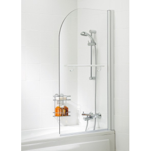 Lakes Curved Hinged Bath Screen With Towel Rail 1400 x 800mm Silver Frame Clear Glass