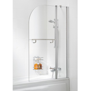 Lakes Curved Twin Panel Hinged Bath Screen With Towel Bar 1400 x 1000mm Silver Frame Clear Glass